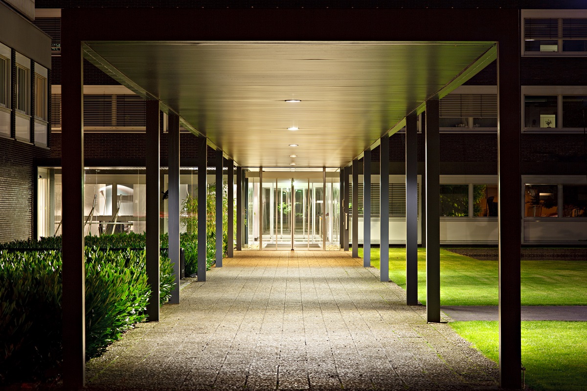 Roofed Office Building Entrance At Night